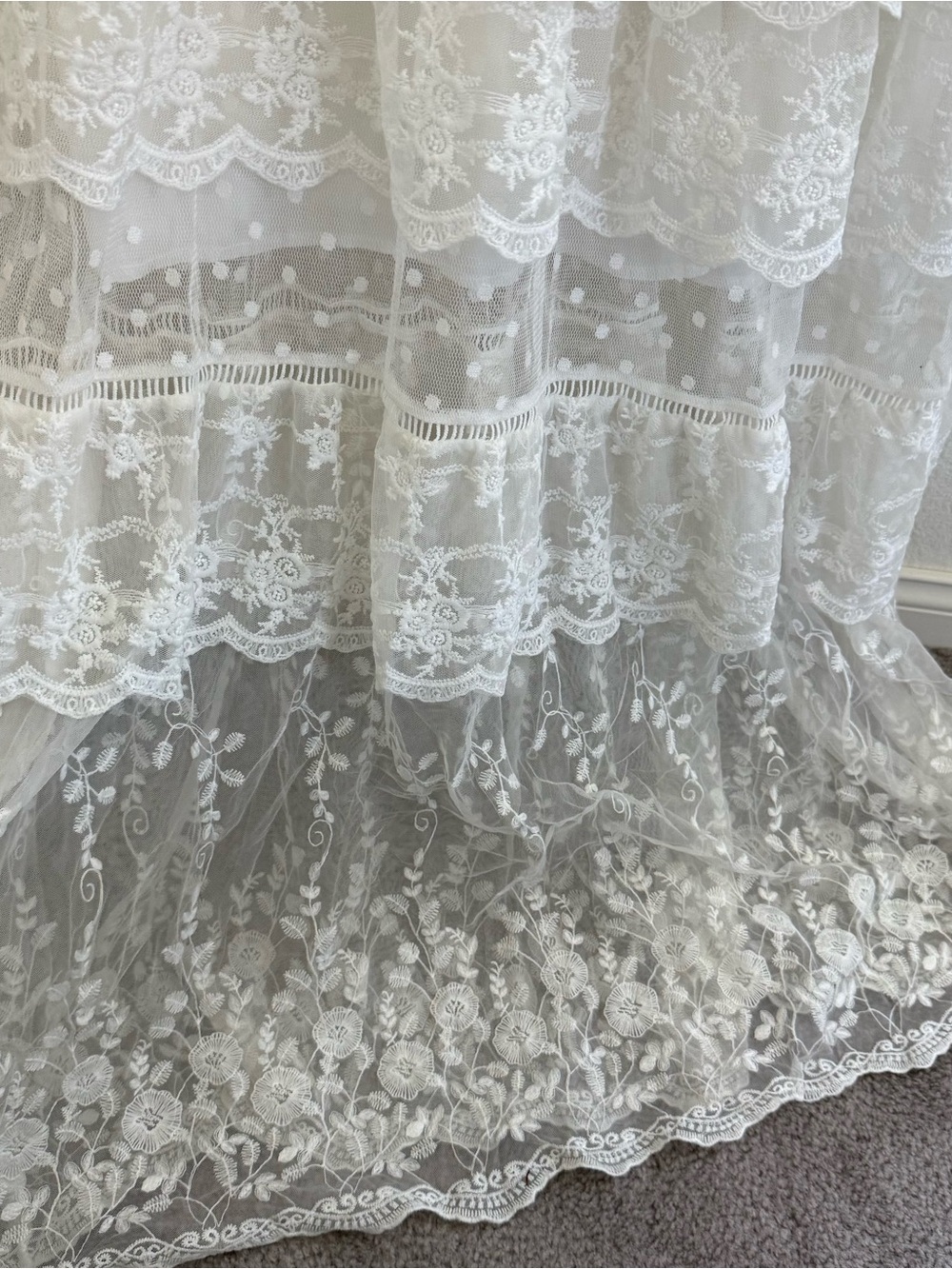 Boho White lace maxi cold shoulder tiered dress ruffles polka dots cottagecore - Picture 4 of 8